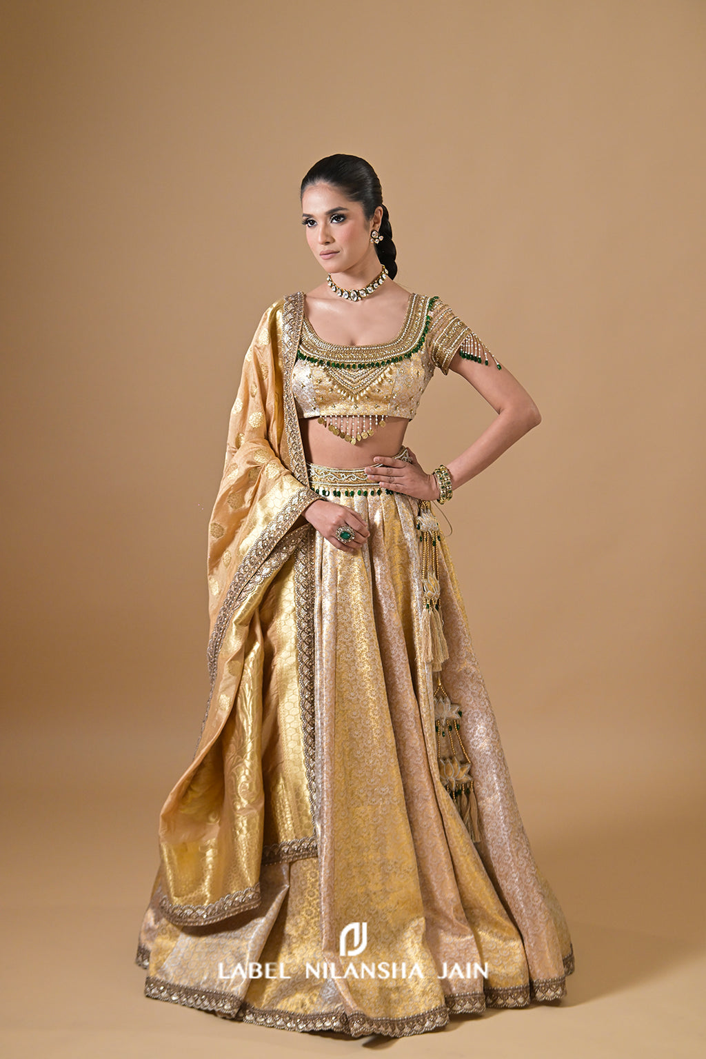 Gold Banarasi Lehenga With Emeralds Roshini Lehenga