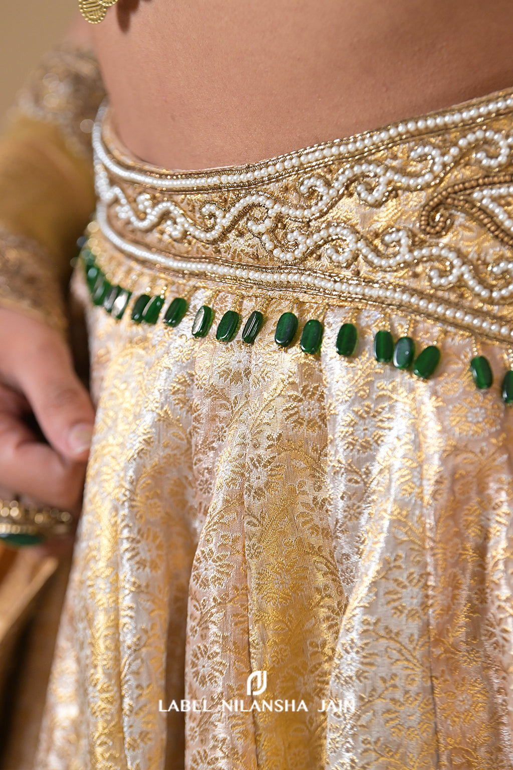 Gold Banarasi Lehenga With Emeralds Roshini Lehenga