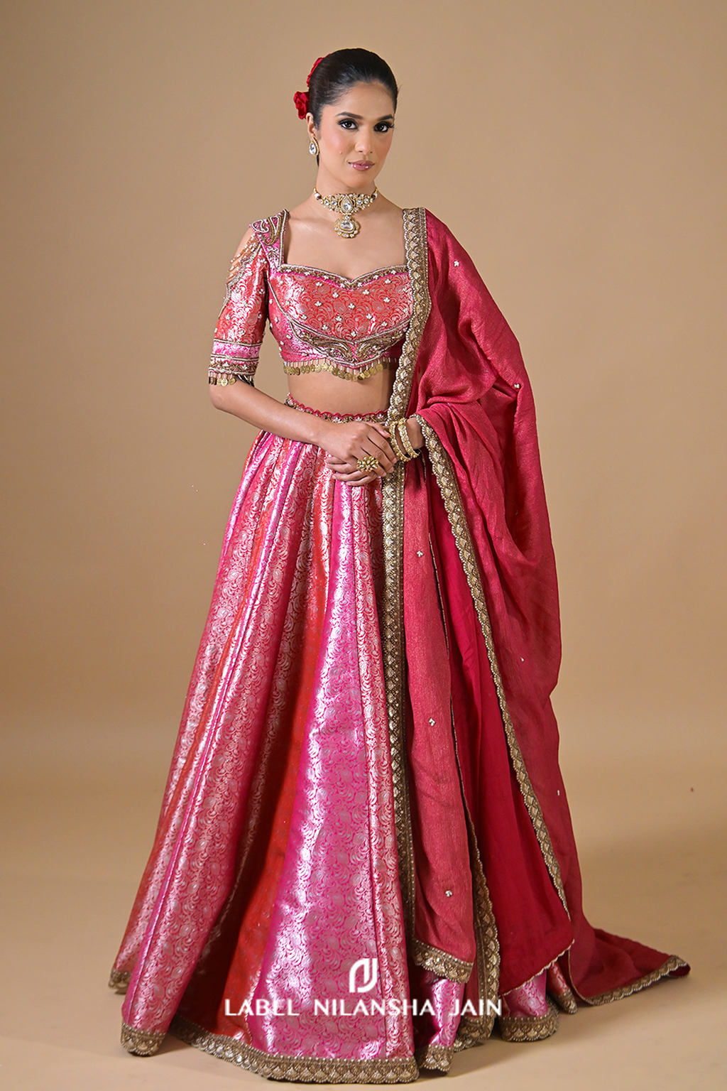 Red-Pink-Gajri Banarasi Bridal Rangotsav Lehenga