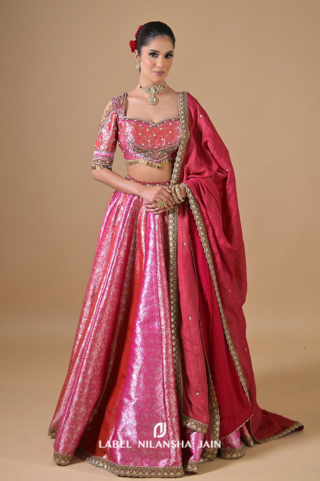 Red-Pink-Gajri Banarasi Bridal Rangotsav Lehenga