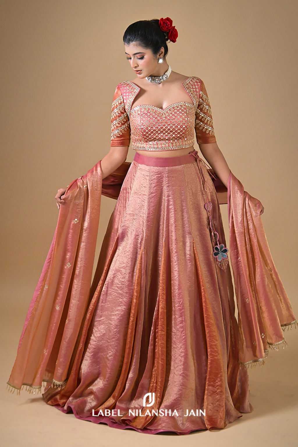 Rose Gold Zari Tissue Nayra Lehenga