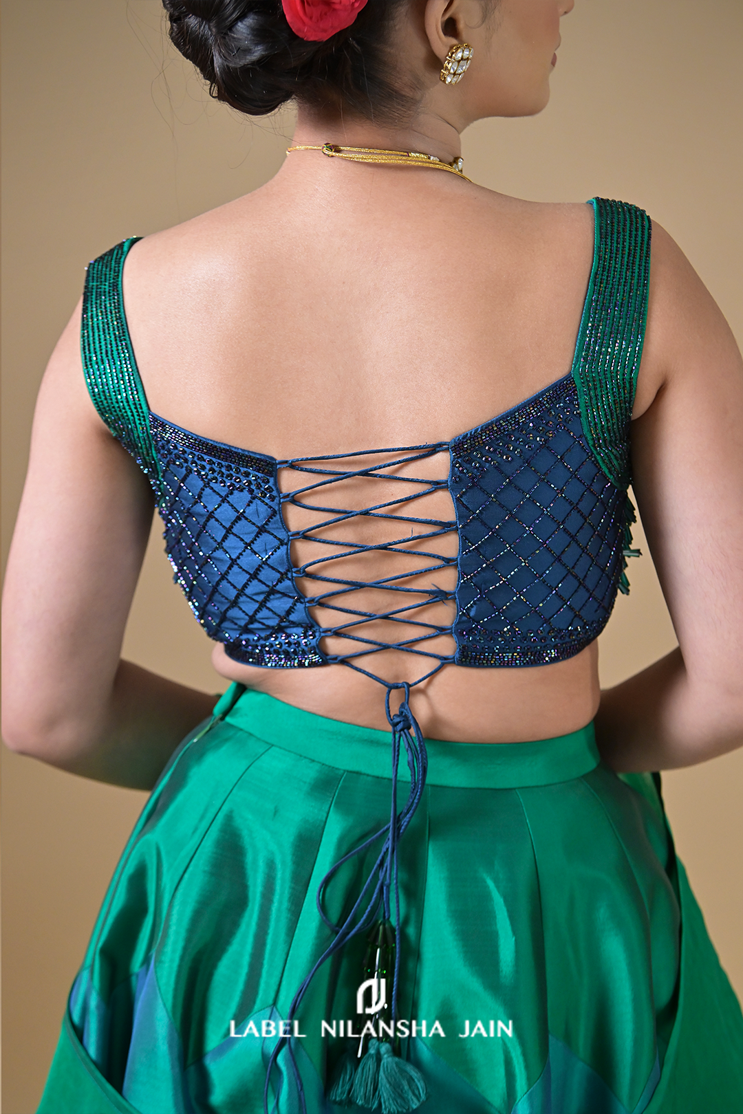 Multicoloured Blue-Green Silk Shahana Lehenga