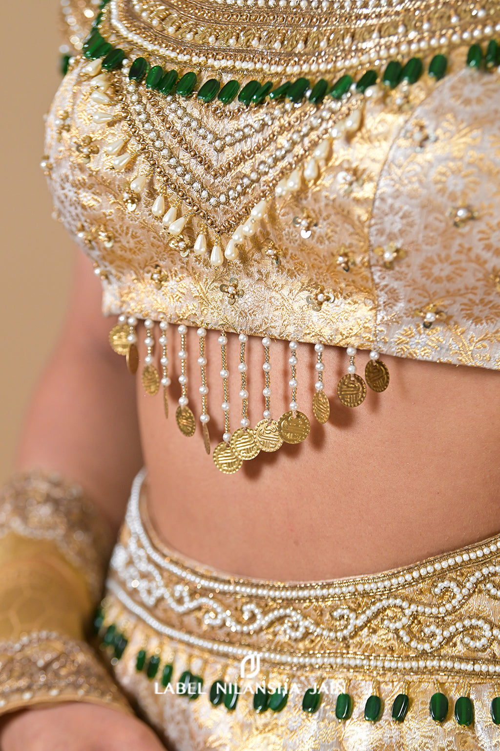 Gold Banarasi Lehenga With Emeralds Roshini Lehenga