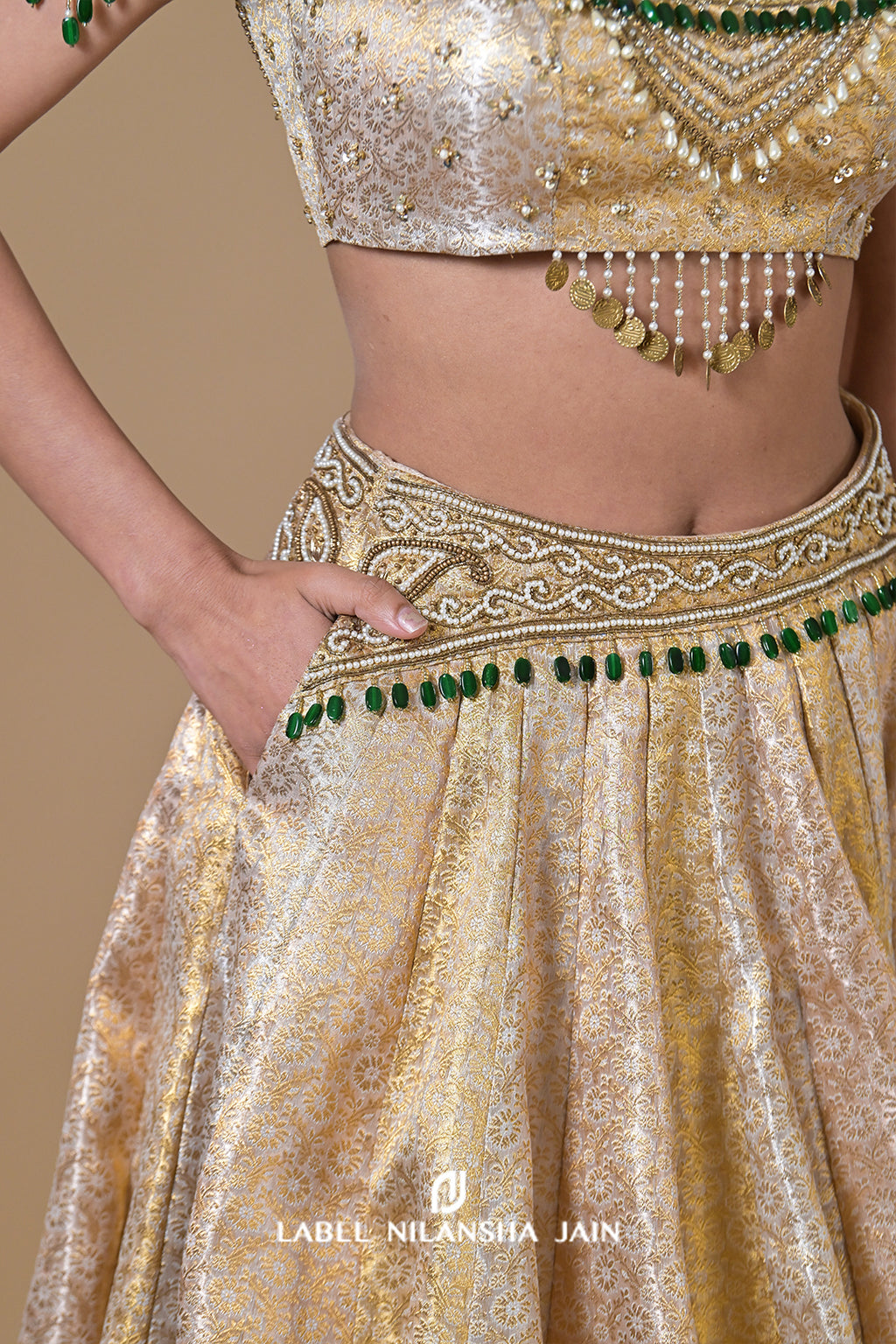 Gold Banarasi Lehenga With Emeralds Roshini Lehenga