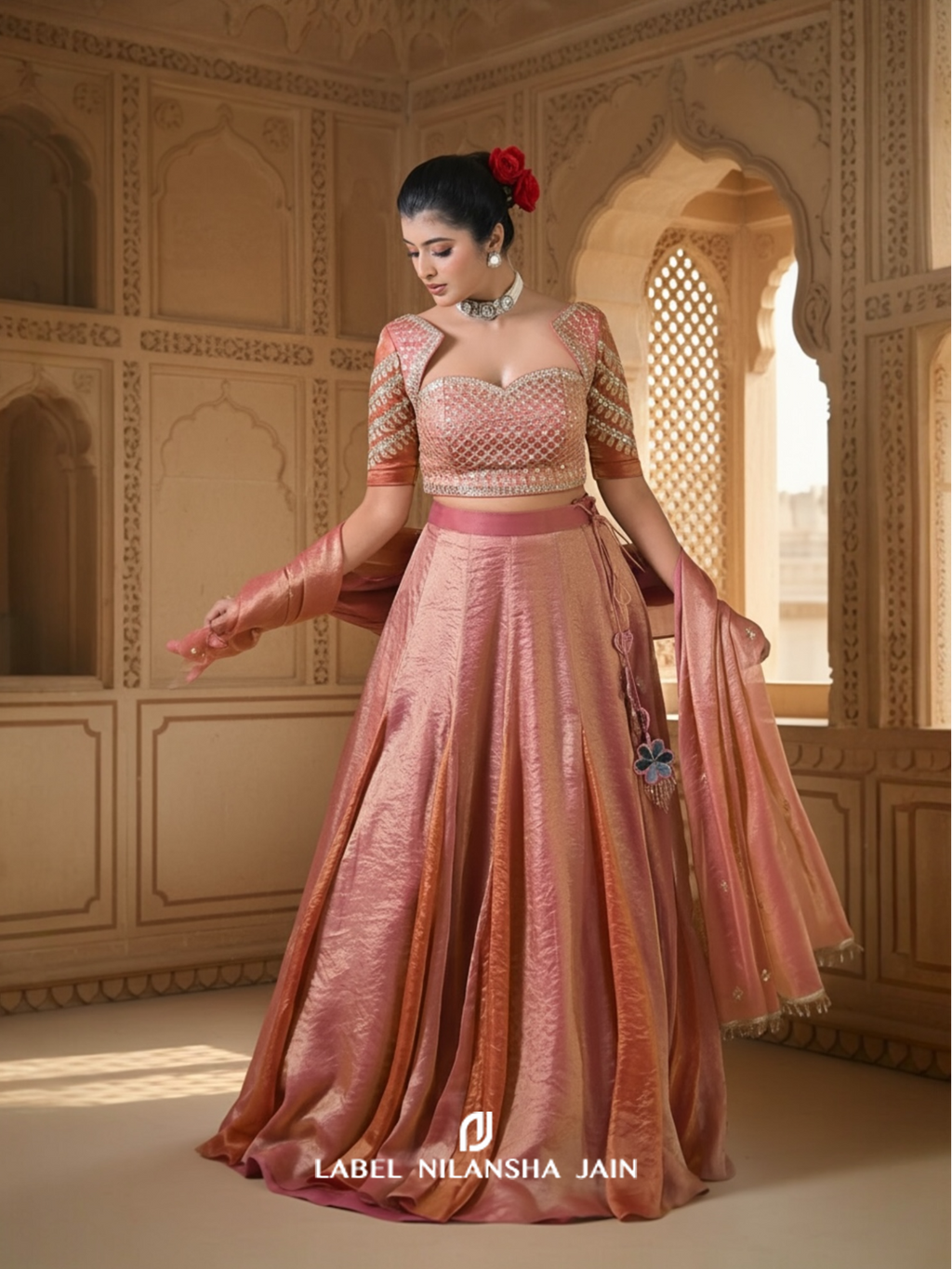 Rose Gold Zari Tissue Nayra Lehenga