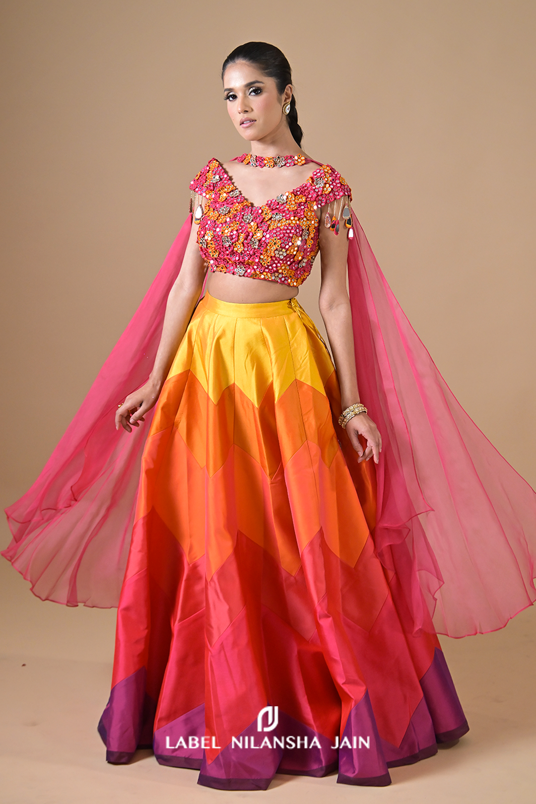 Multicolored Mirrorwork Silk Satrang Lehenga