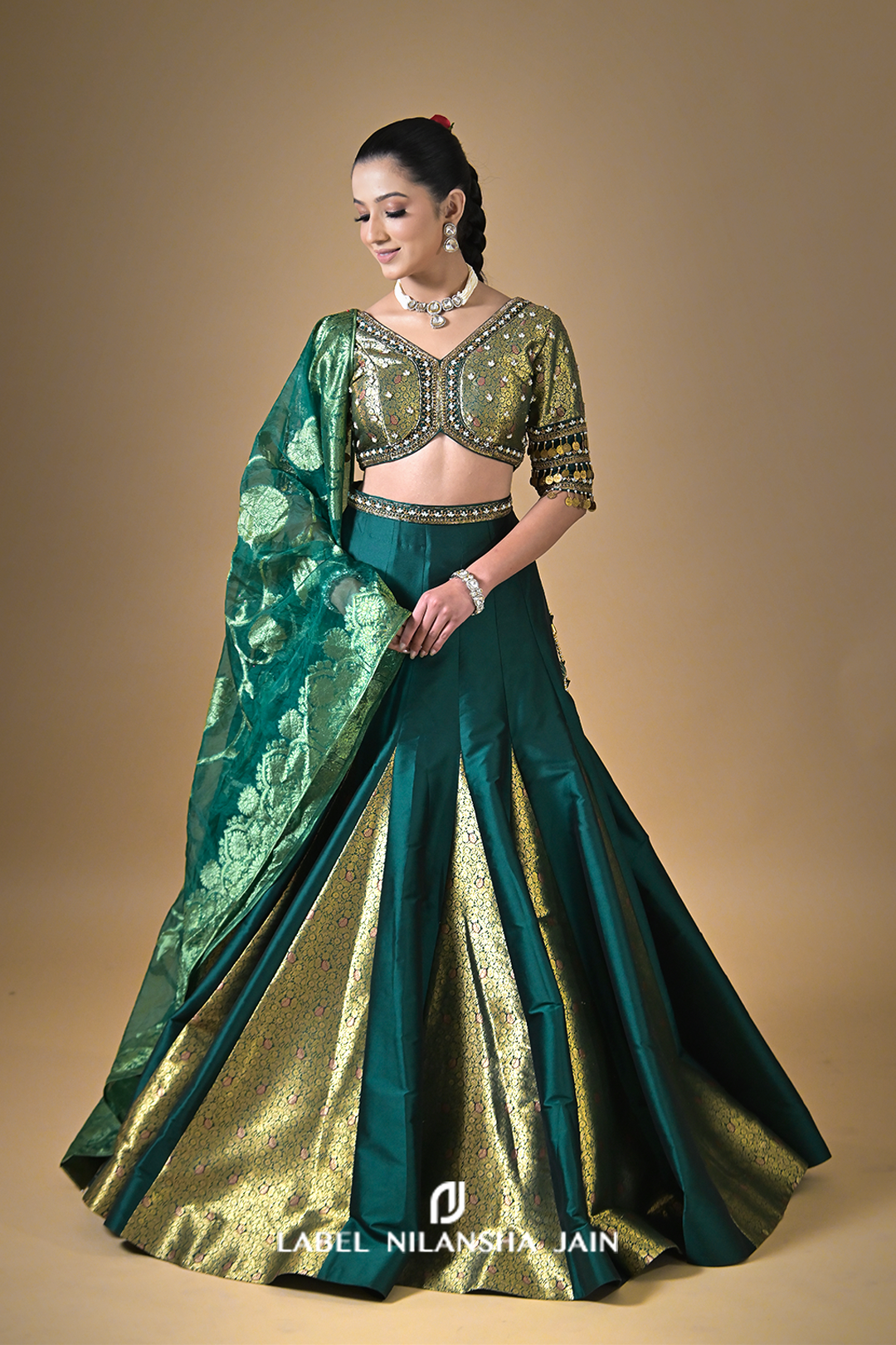 Bottle Green Banarasi Silk Kalidar Rivaz Lehenga