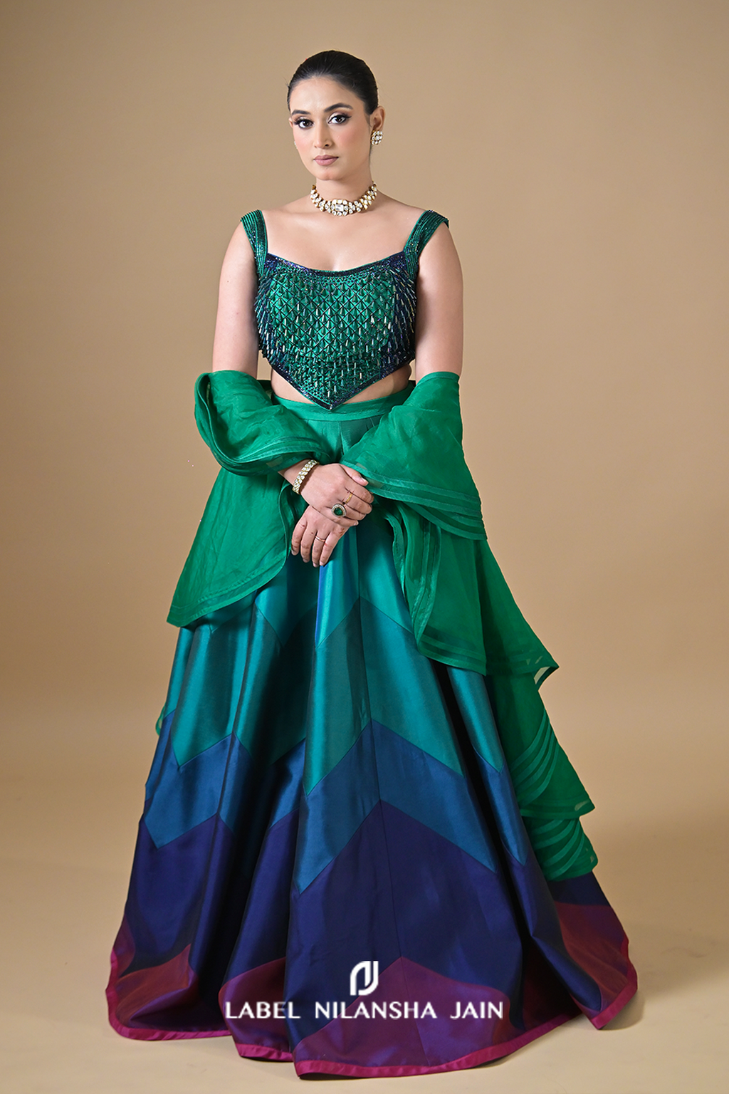 Multicoloured Blue-Green Silk Shahana Lehenga