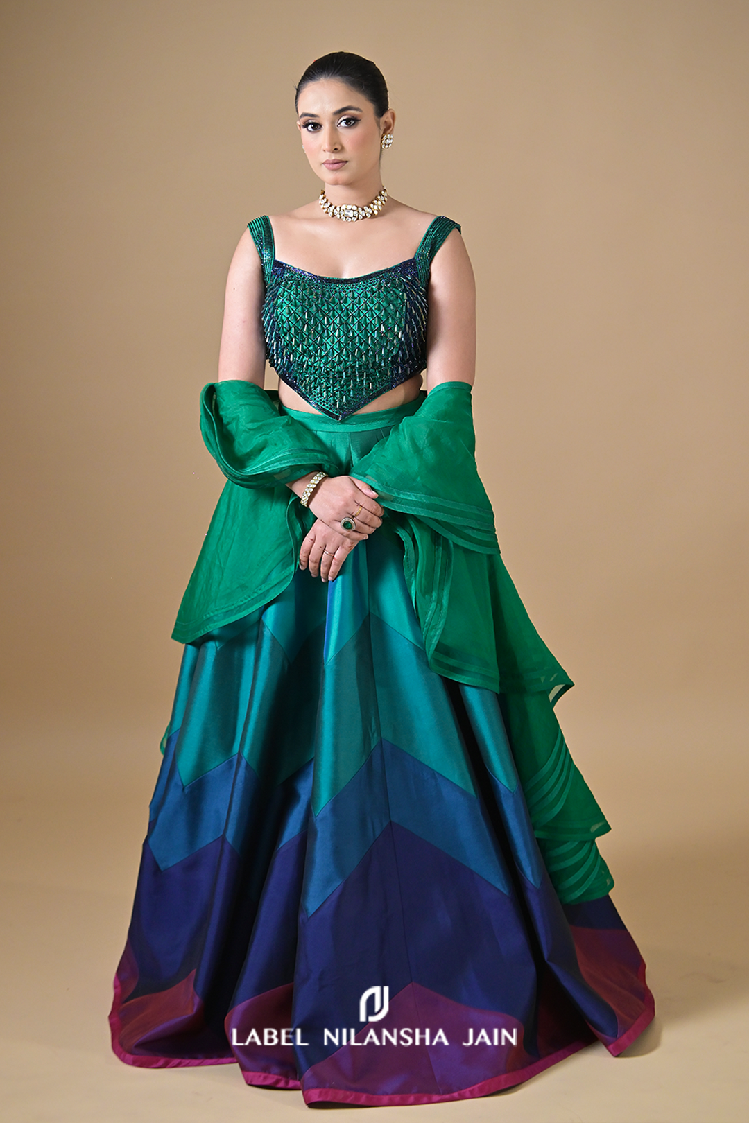Multicoloured Blue-Green Silk Shahana Lehenga