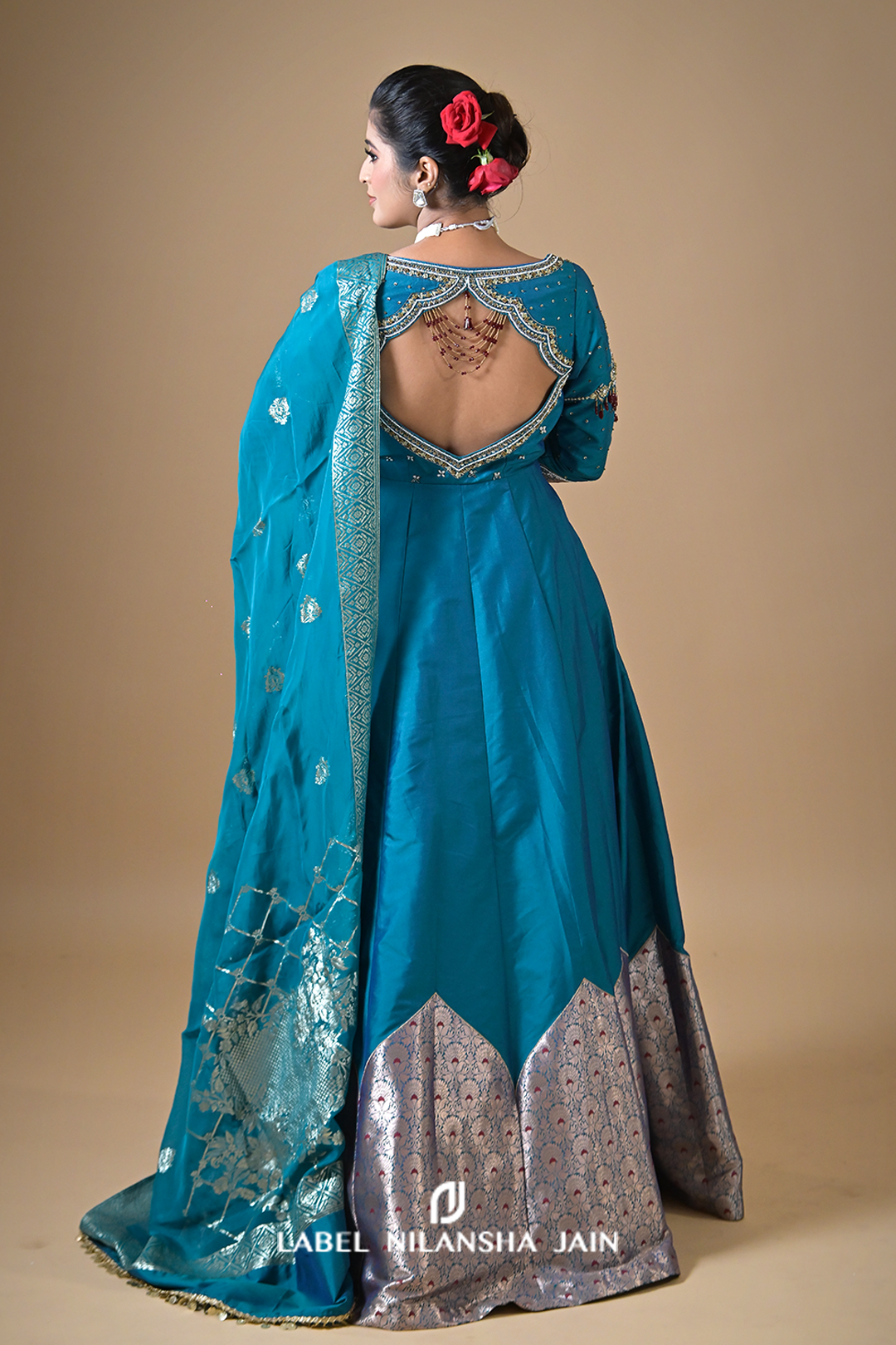 Teal Blue Banarasi Silk Raunaq Anarkali