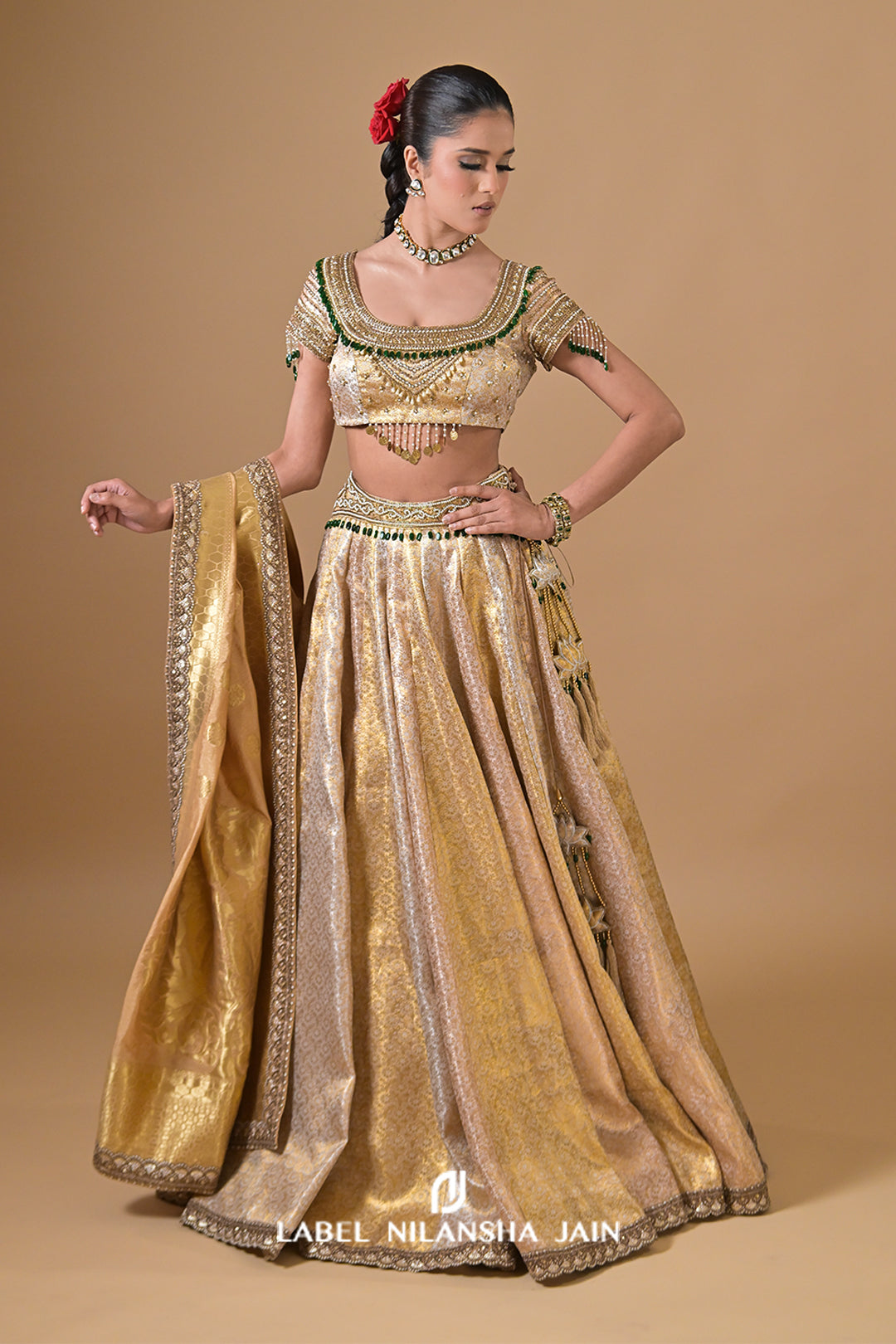 Gold Banarasi Lehenga With Emeralds Roshini Lehenga