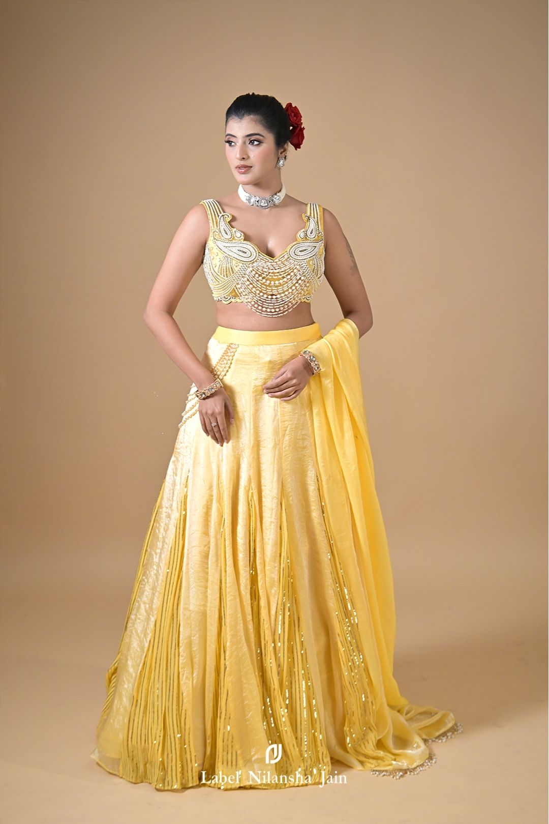Pastel Yellow Tissue Hoor Lehenga
