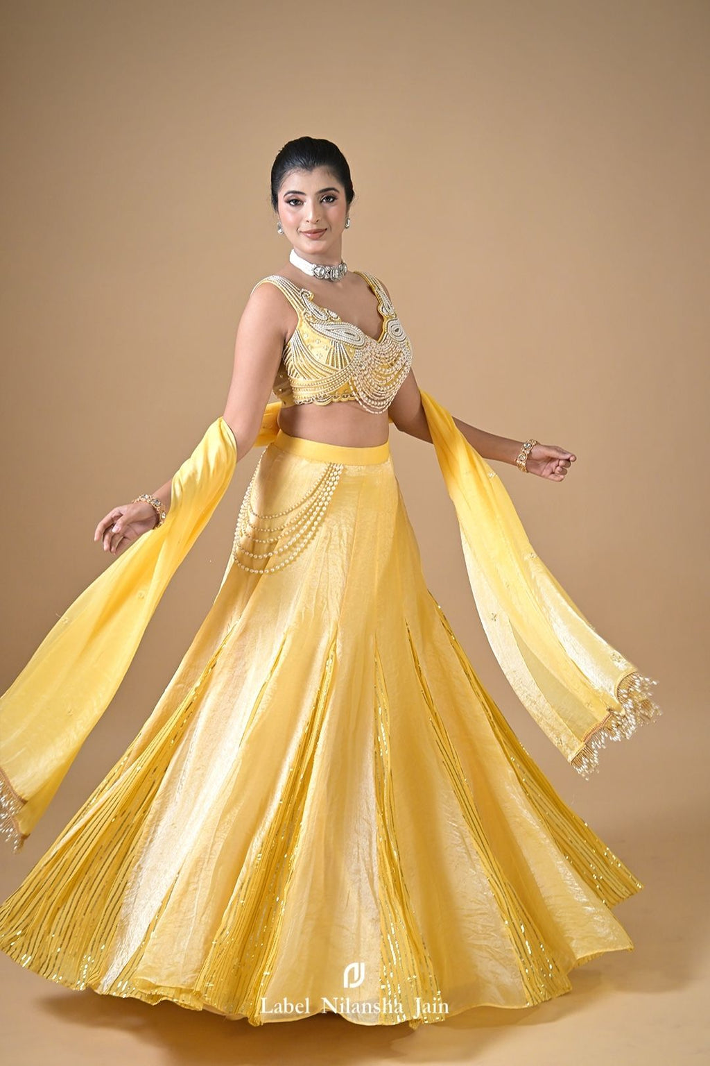 Pastel Yellow Tissue Hoor Lehenga