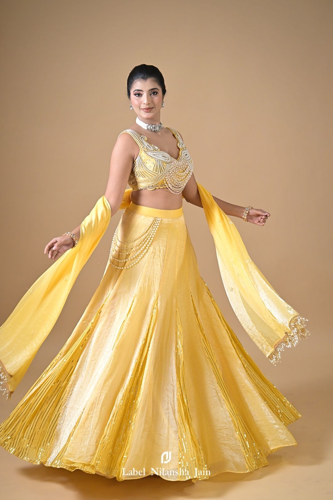 Pastel Yellow Tissue Hoor Lehenga