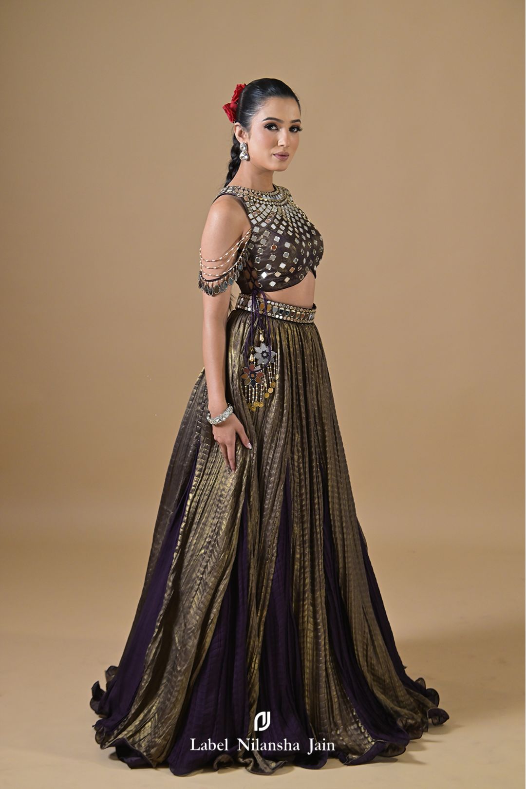 Deep Purple - Copper Tissue Mirrorwork Ruhani Lehenga