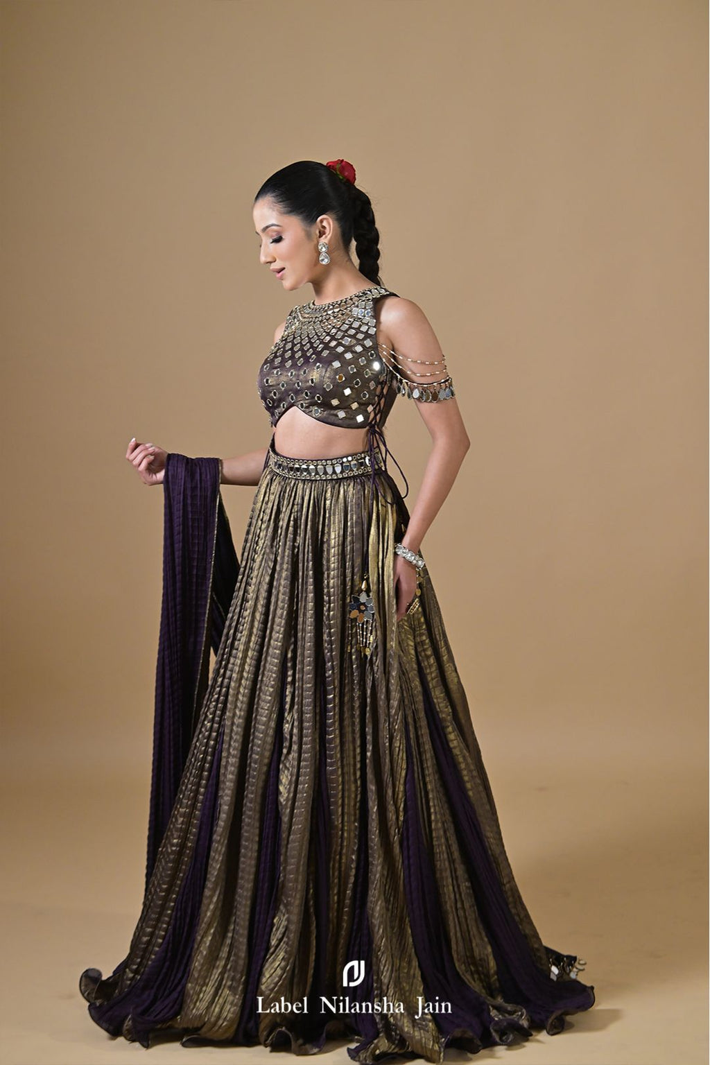 Deep Purple - Copper Tissue Mirrorwork Ruhani Lehenga