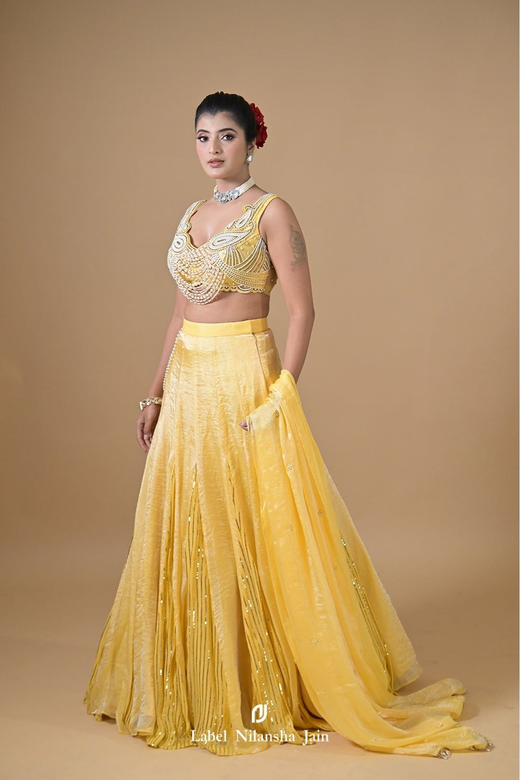 Pastel Yellow Tissue Hoor Lehenga