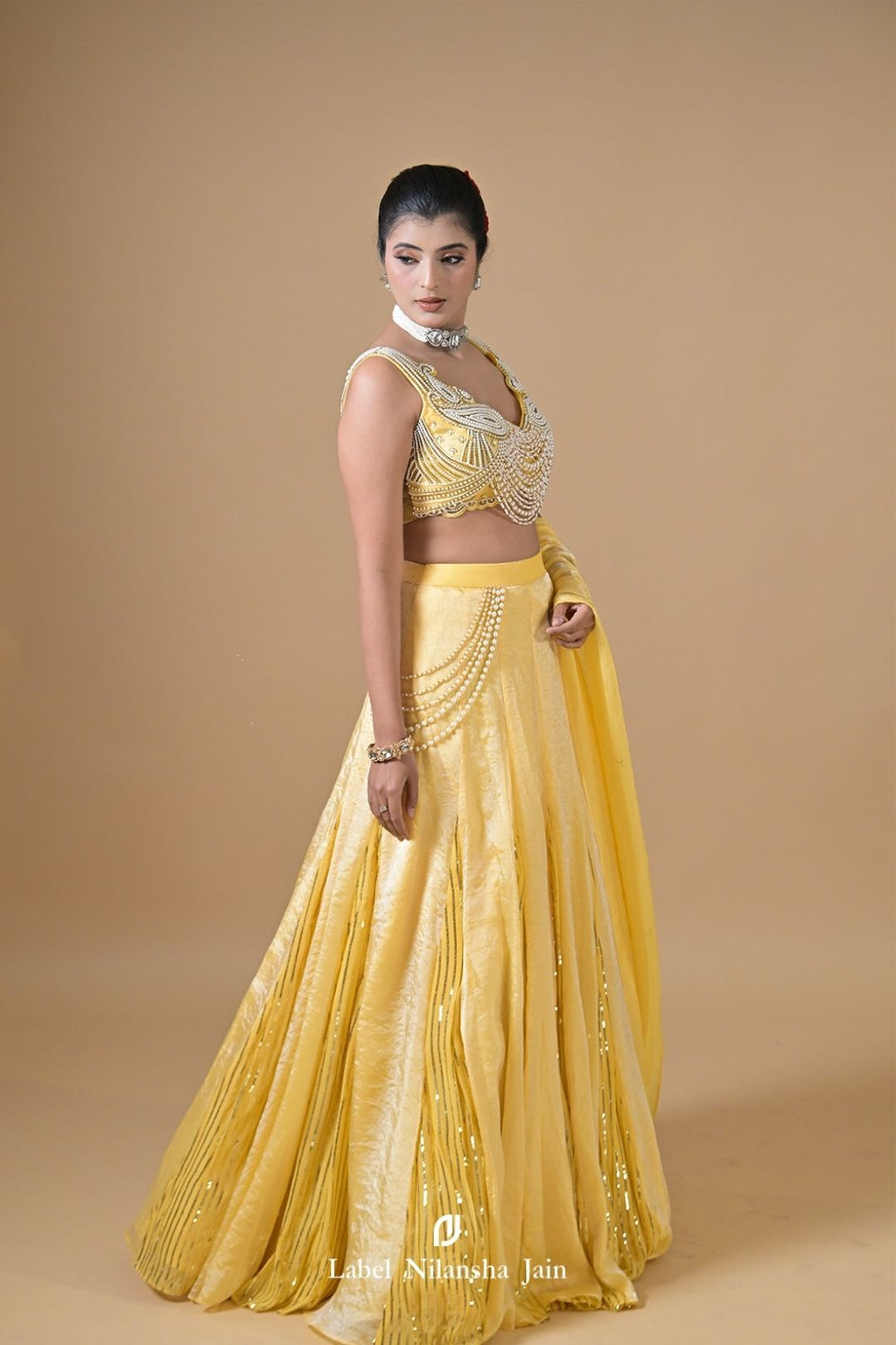 Pastel Yellow Tissue Hoor Lehenga
