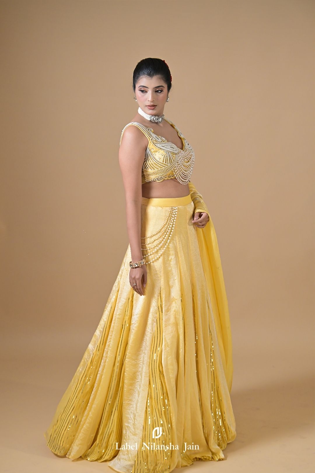 Pastel Yellow Tissue Hoor Lehenga