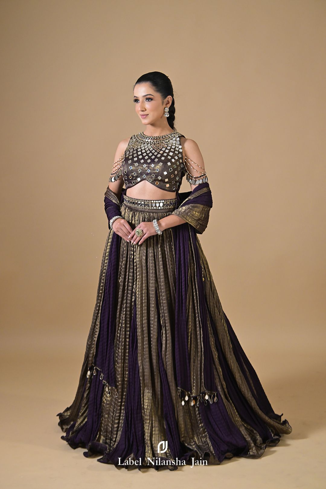 Deep Purple - Copper Tissue Mirrorwork Ruhani Lehenga