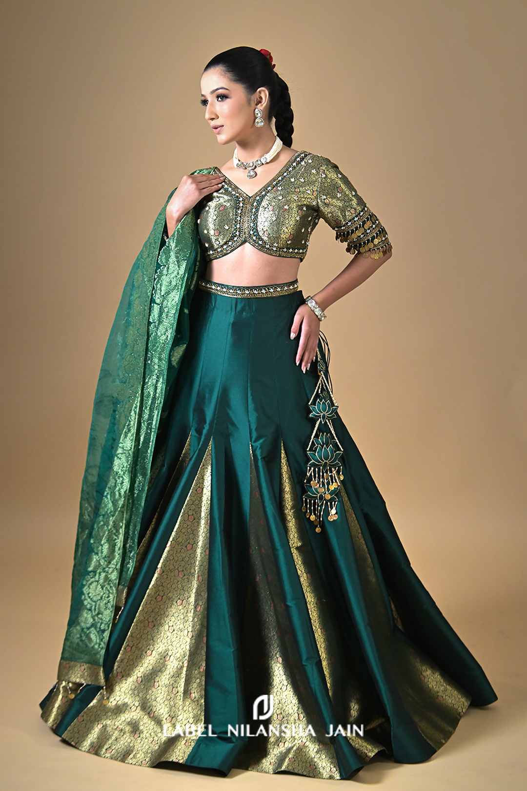 Bottle Green Banarasi Silk Kalidar Rivaz Lehenga
