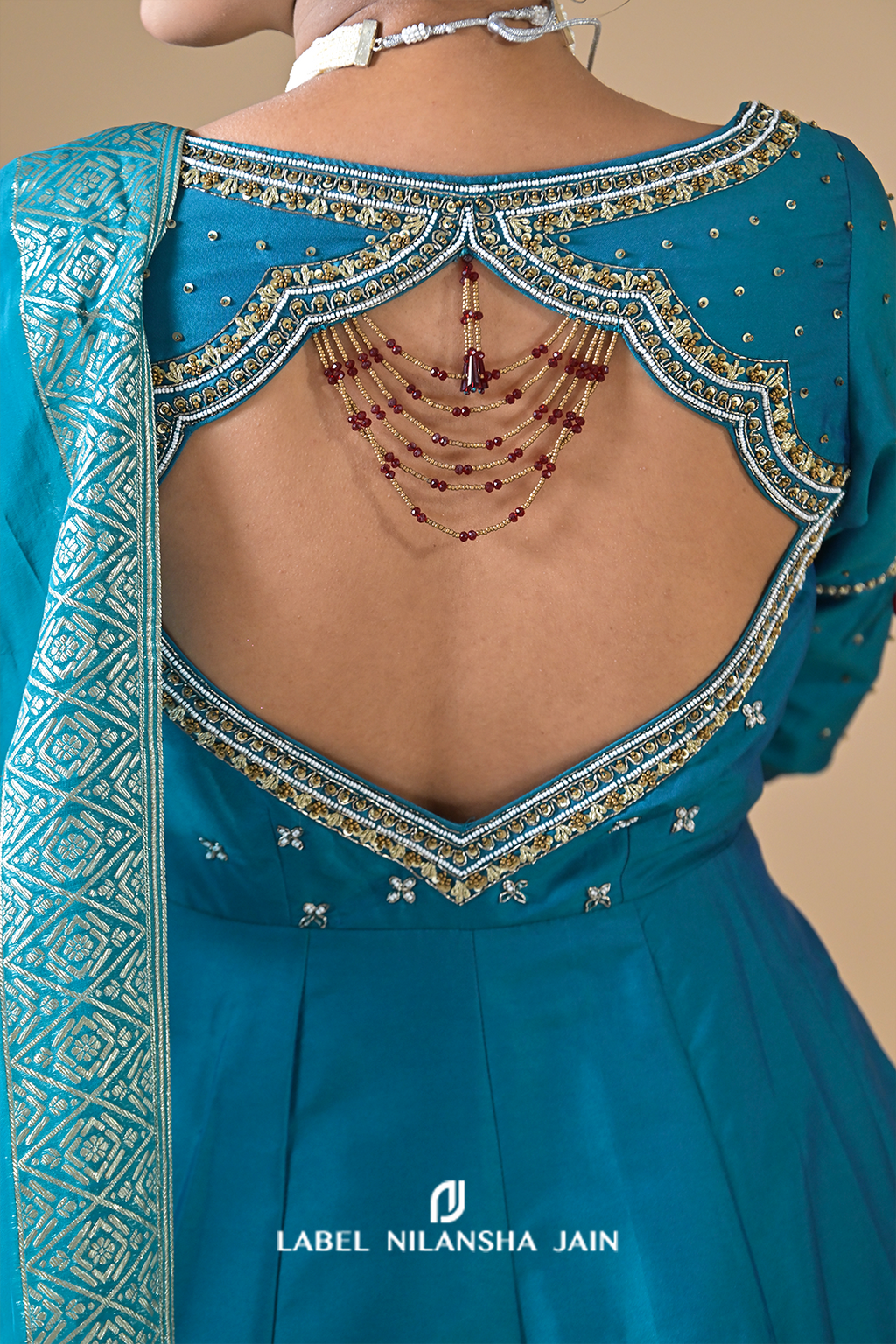 Teal Blue Banarasi Silk Raunaq Anarkali