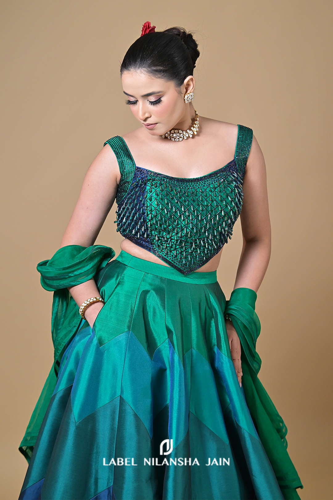 Multicoloured Blue-Green Silk Shahana Lehenga