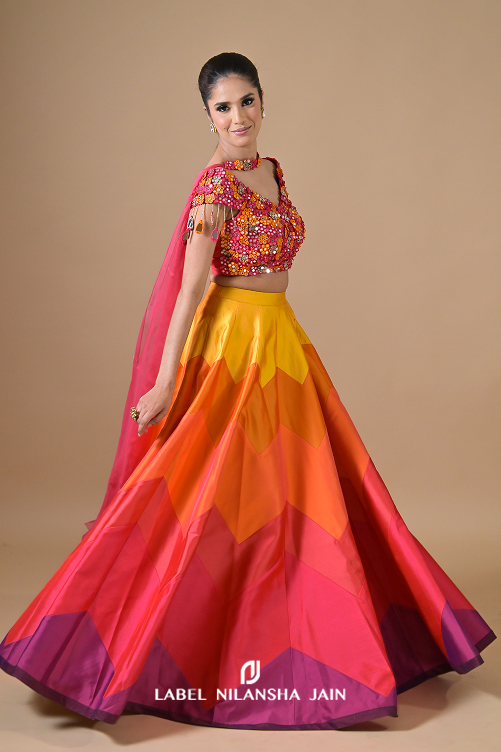 Multicolored Mirrorwork Silk Satrang Lehenga