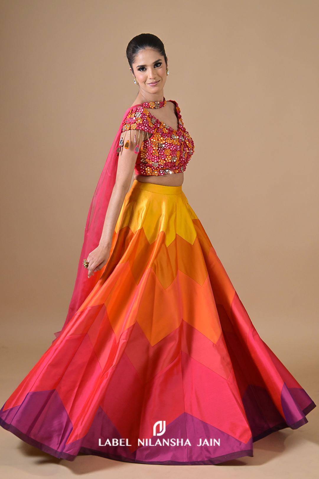 Multicolored Mirrorwork Silk Satrang Lehenga