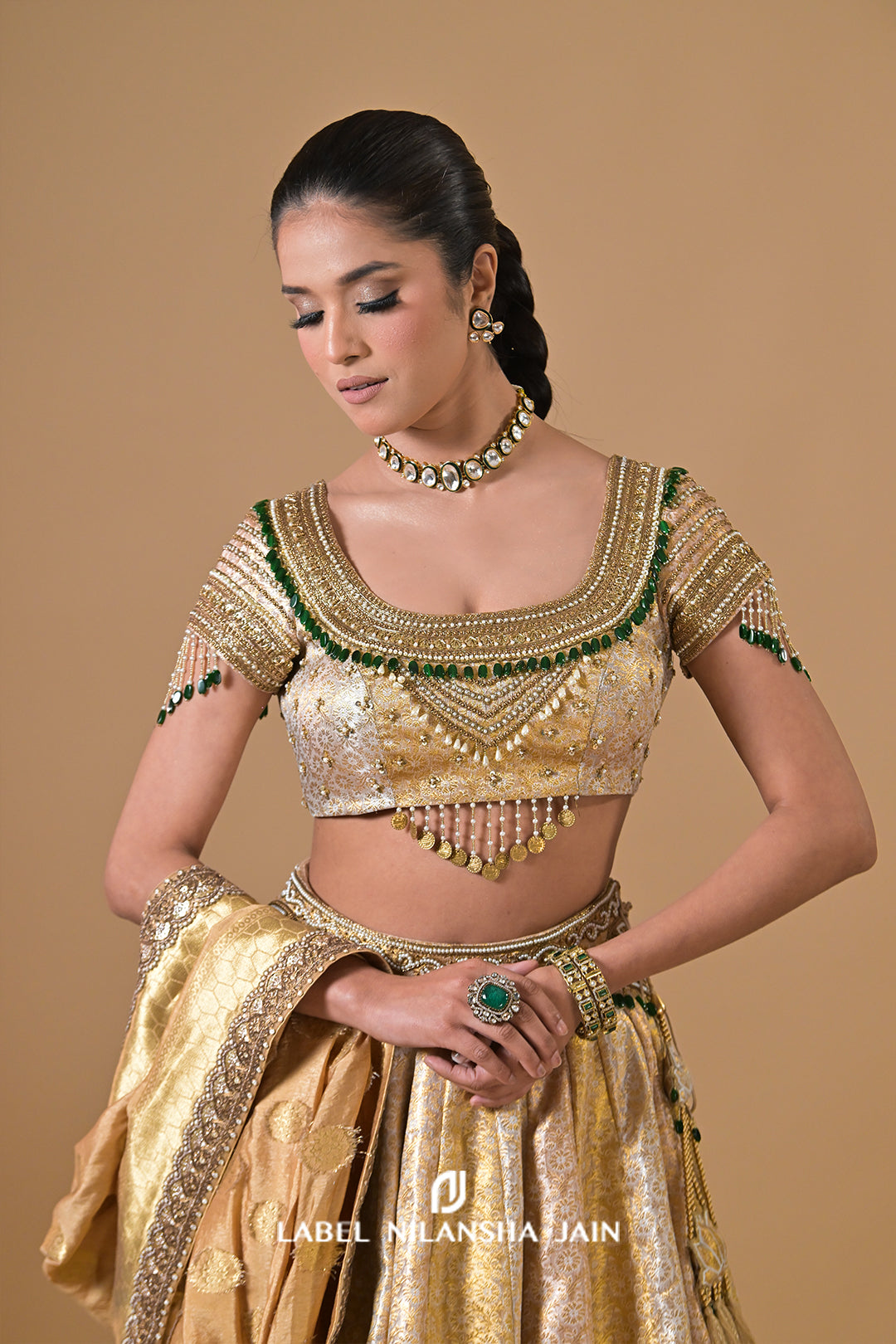 Gold Banarasi Lehenga With Emeralds Roshini Lehenga