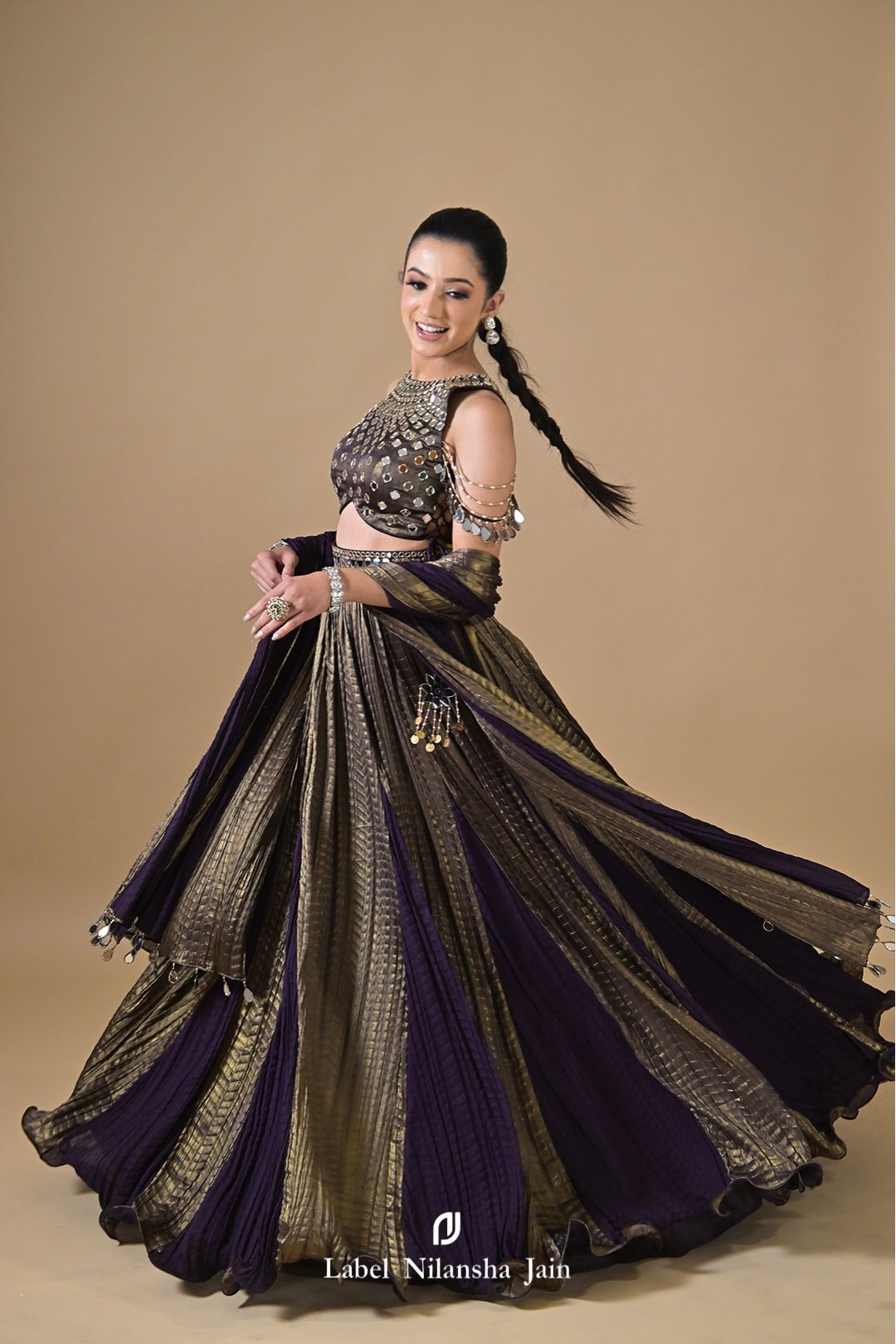 Deep Purple - Copper Tissue Mirrorwork Ruhani Lehenga