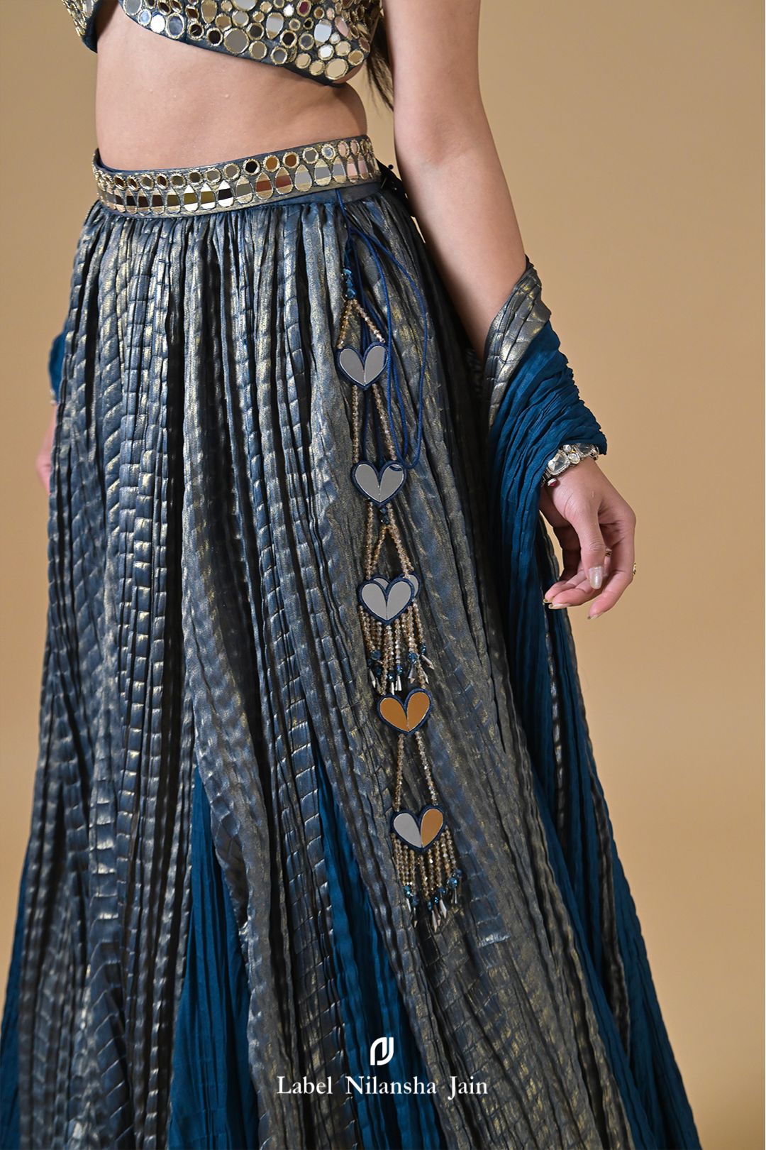 Teal Blue Mirrorwork Tissue Feroza Lehenga