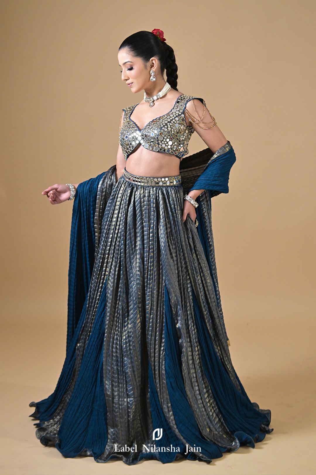 Teal Blue Mirrorwork Tissue Feroza Lehenga
