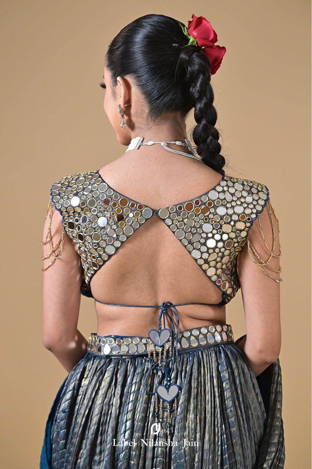 Teal Blue Mirrorwork Tissue Feroza Lehenga