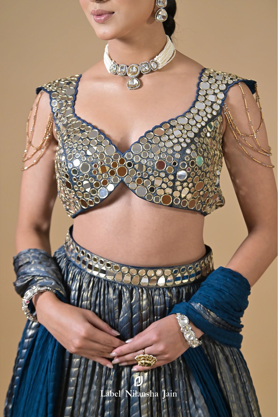 Teal Blue Mirrorwork Tissue Feroza Lehenga