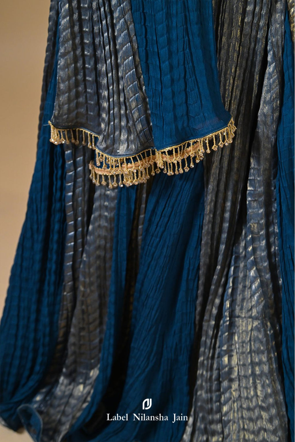 Teal Blue Mirrorwork Tissue Feroza Lehenga