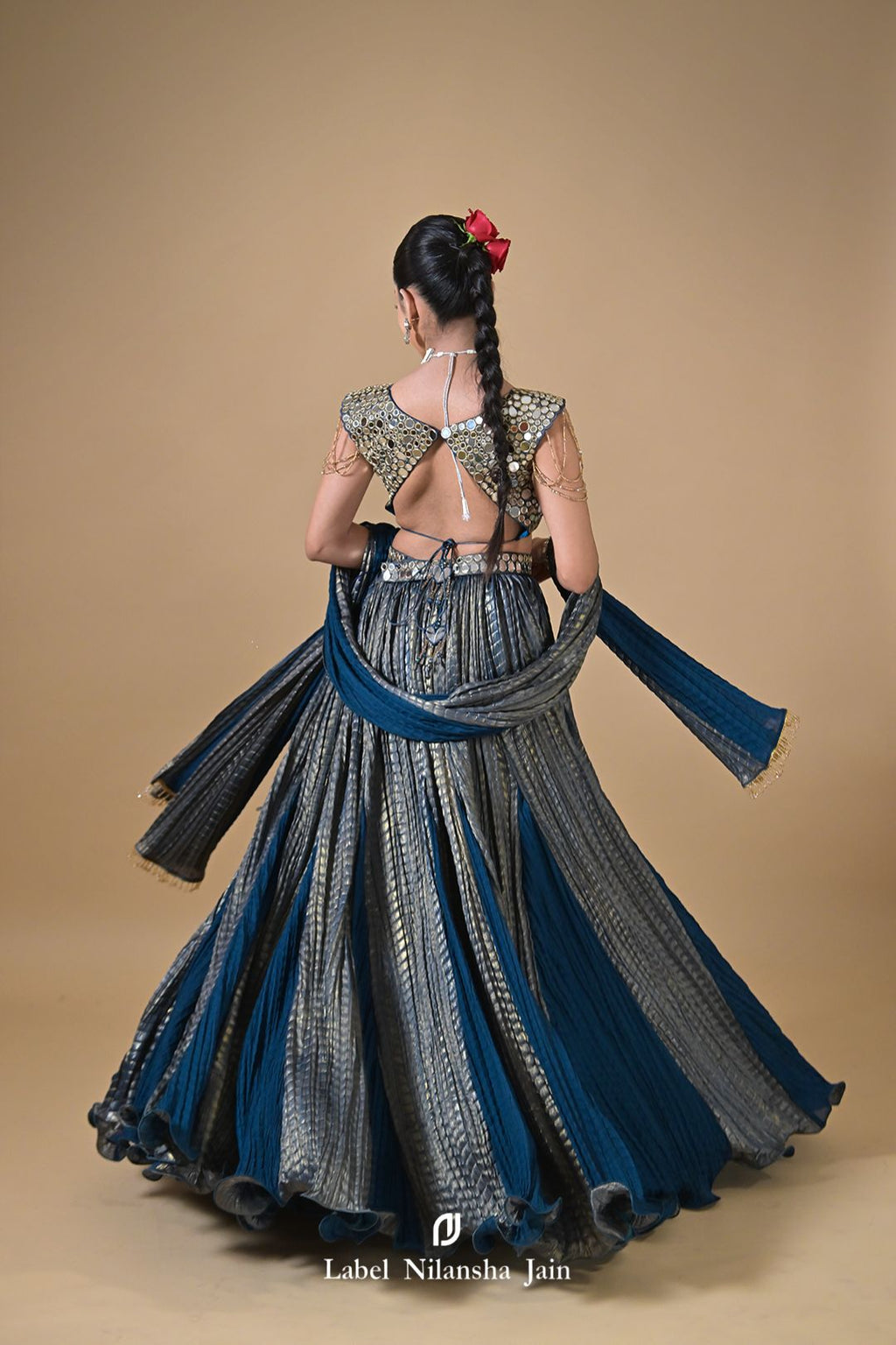 Teal Blue Mirrorwork Tissue Feroza Lehenga