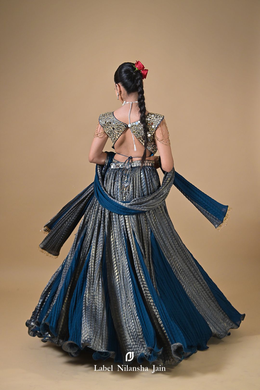 Teal Blue Mirrorwork Tissue Feroza Lehenga