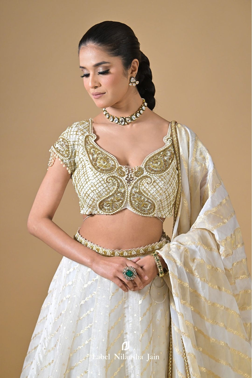 Off White - Gold Banarasi Suhani Lehenga