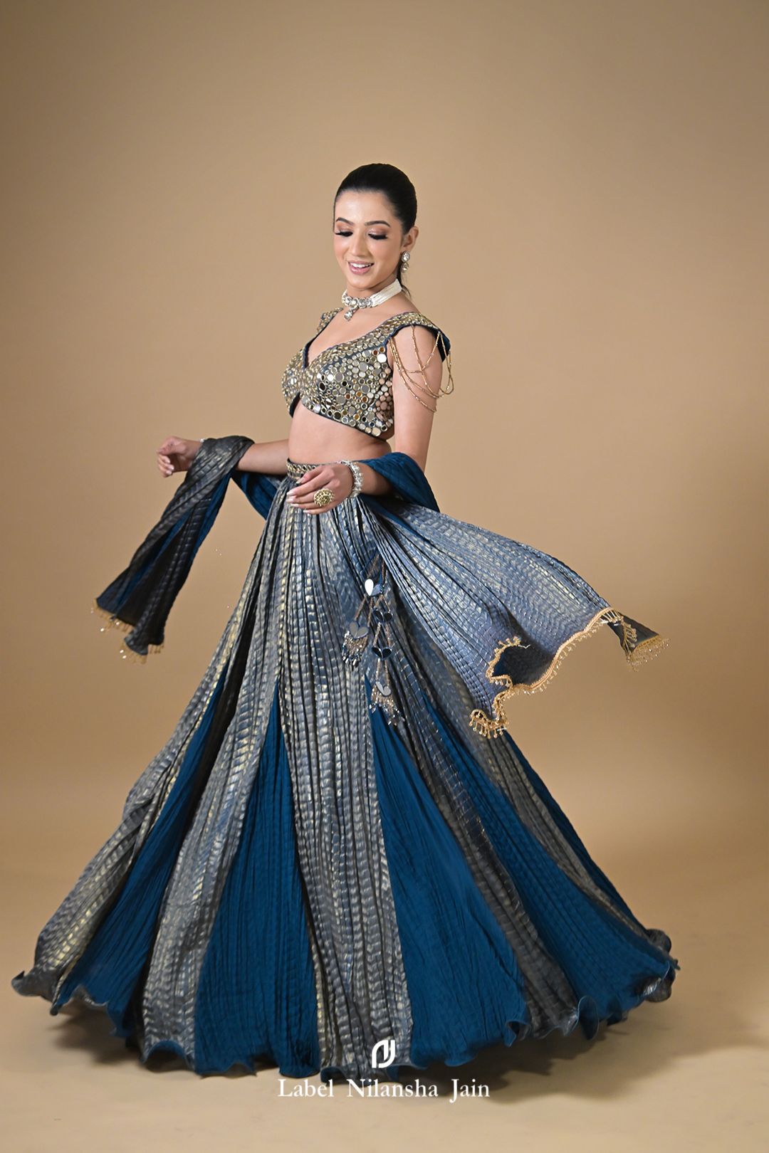 Teal Blue Mirrorwork Tissue Feroza Lehenga
