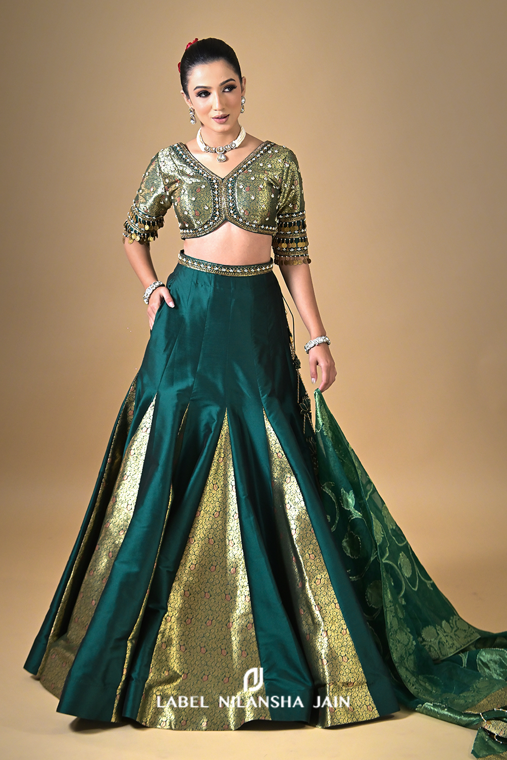 Bottle Green Banarasi Silk Kalidar Rivaz Lehenga