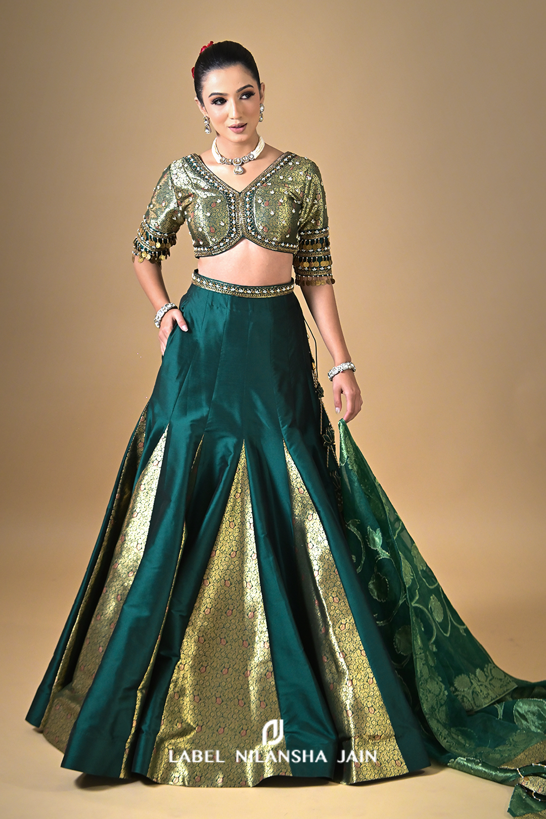 Bottle Green Banarasi Silk Kalidar Rivaz Lehenga