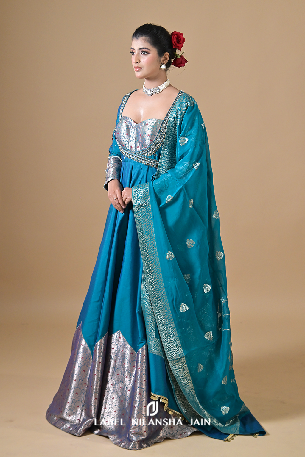 Teal Blue Banarasi Silk Raunaq Anarkali