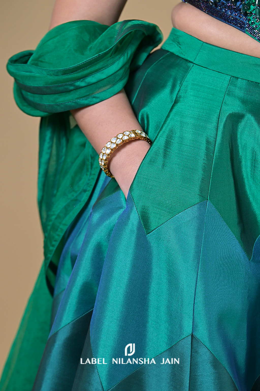Multicoloured Blue-Green Silk Shahana Lehenga