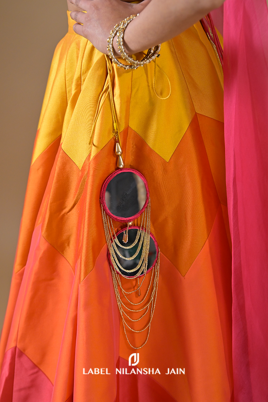 Multicolored Mirrorwork Silk Satrang Lehenga