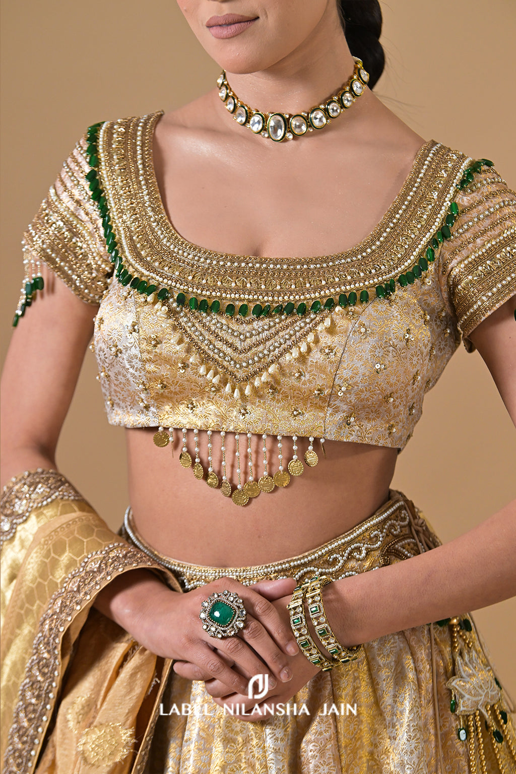 Gold Banarasi Lehenga With Emeralds Roshini Lehenga