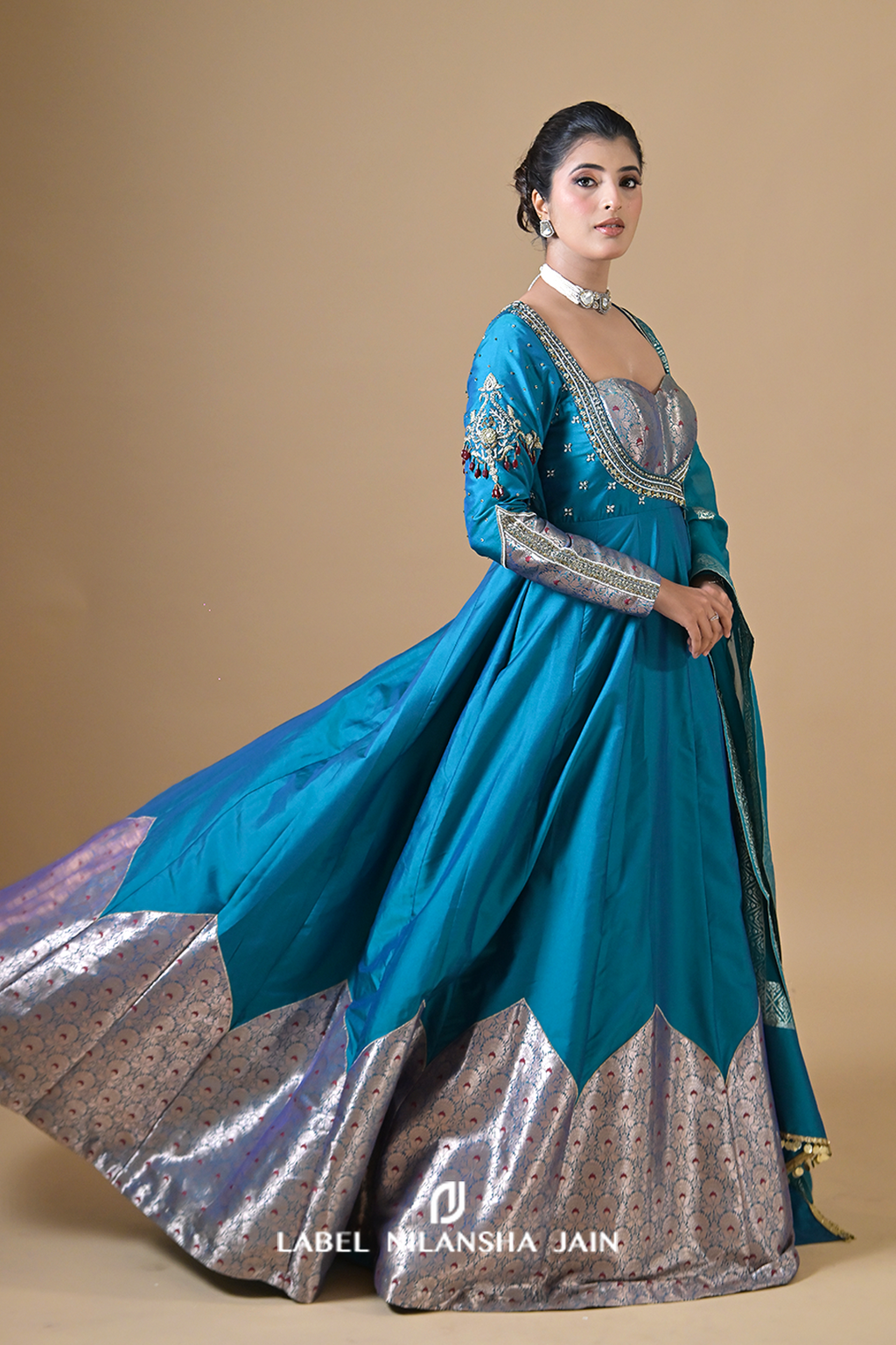 Teal Blue Banarasi Silk Raunaq Anarkali
