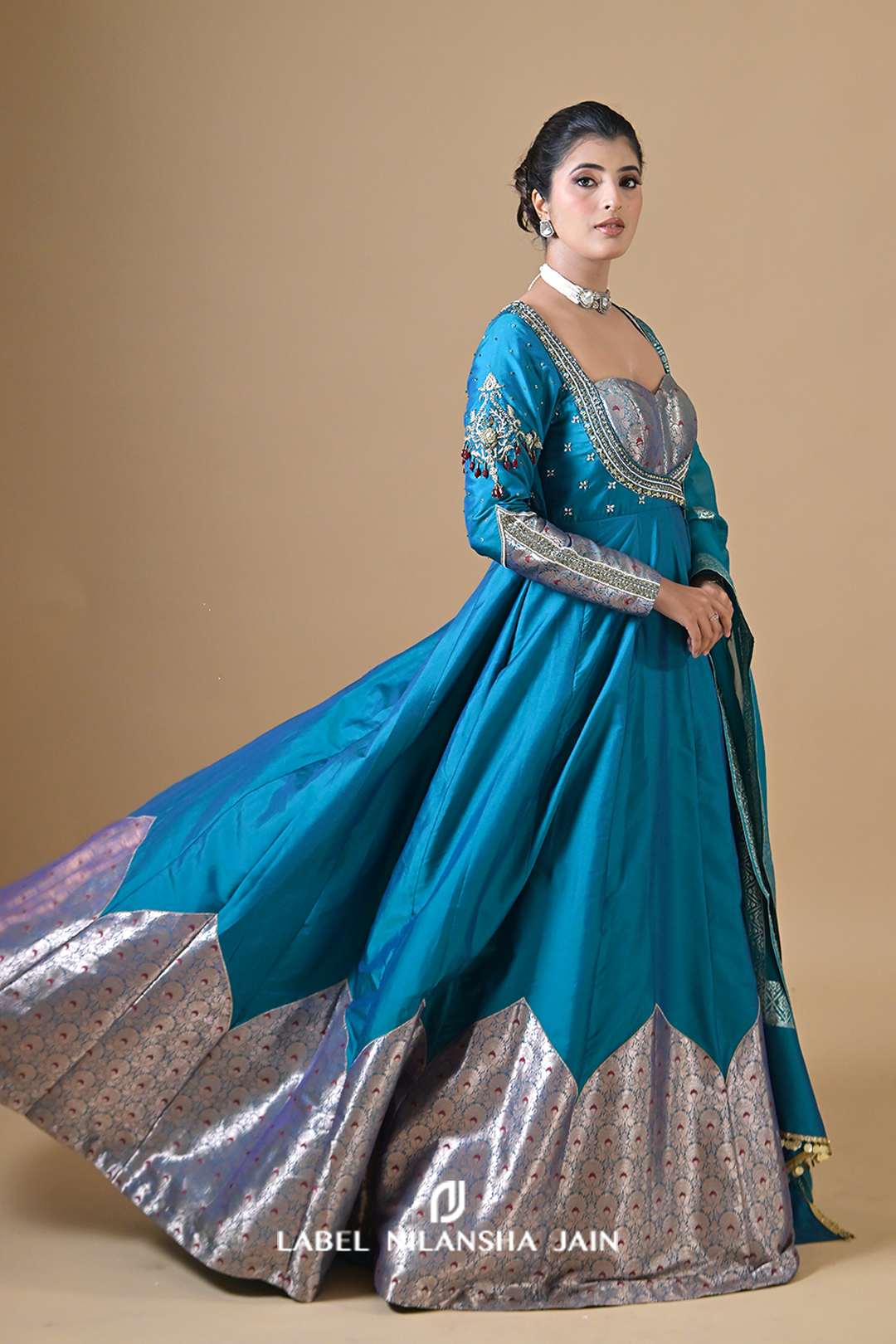Teal Blue Banarasi Silk Raunaq Anarkali