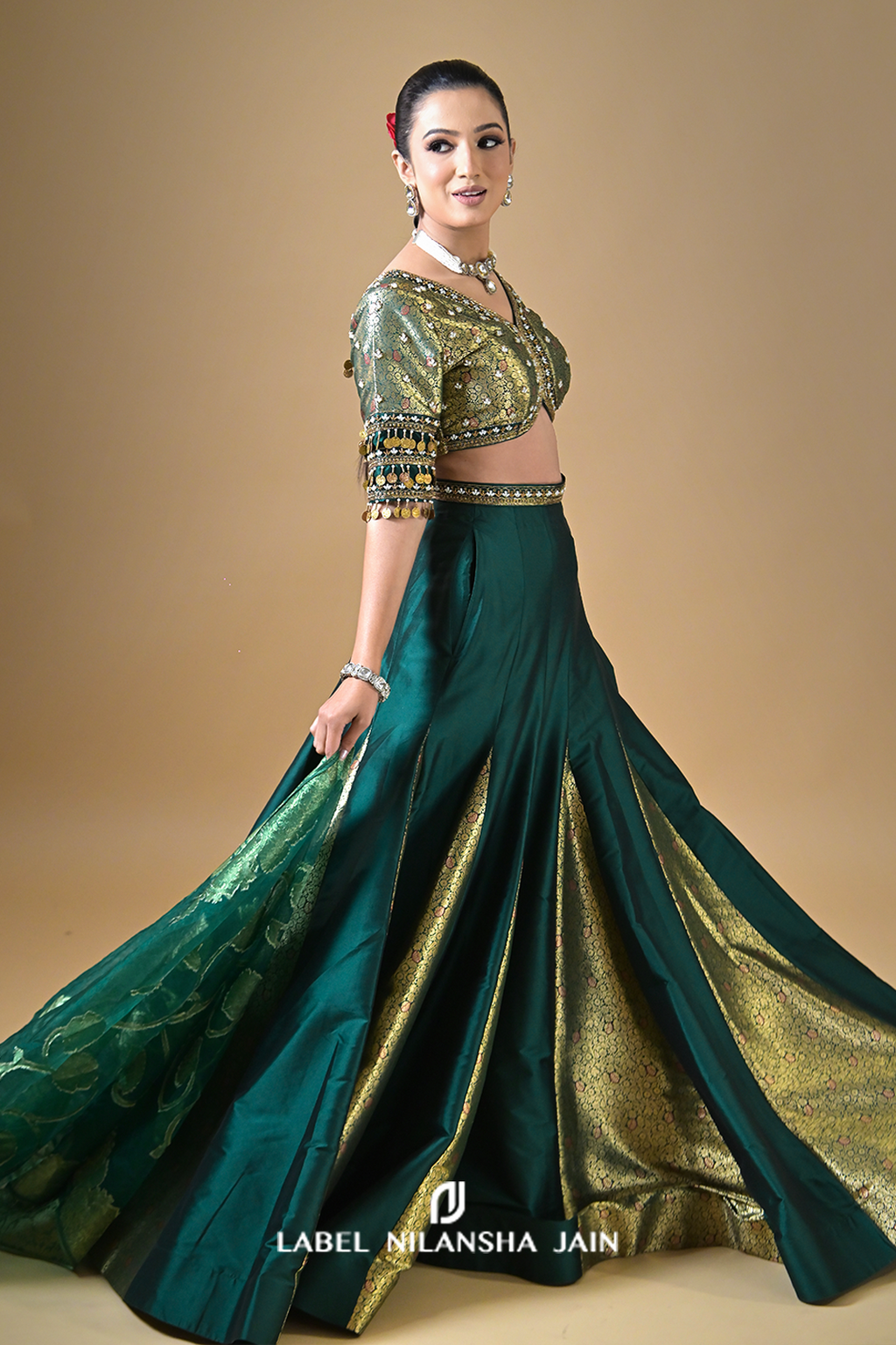 Bottle Green Banarasi Silk Kalidar Rivaz Lehenga