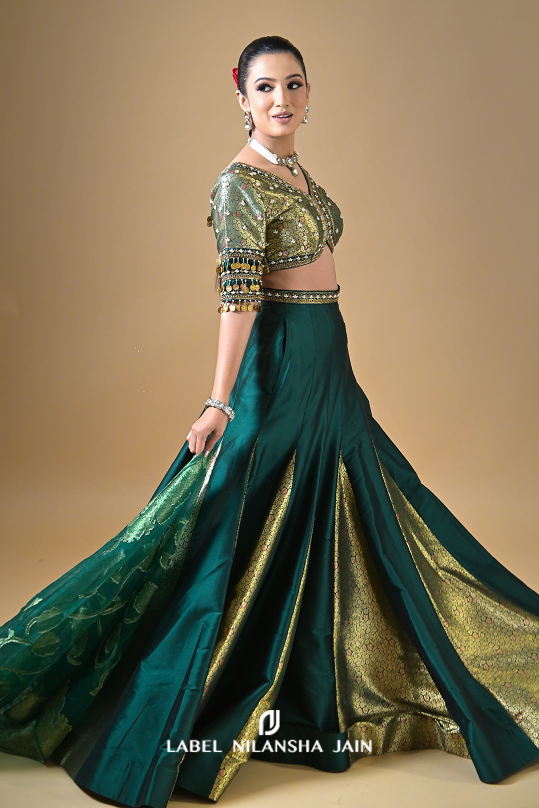 Bottle Green Banarasi Silk Kalidar Rivaz Lehenga